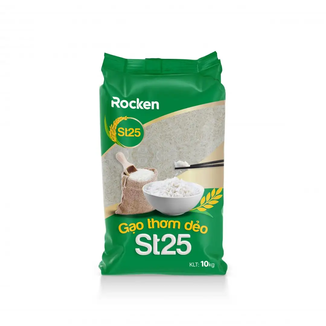 Mặt trước của bao bì gạo ST15 chính hãng Rocken